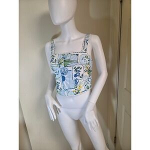 Francescas Blue White Lemon Tile Print Smocked Crop‎ Tank Top I2C118XFLD Small